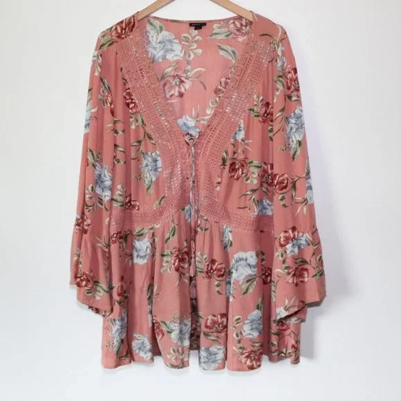 Torrid Dusty Coral Floral Crinkle Gauze Crochet Babydoll Top Size 3 3X H13239 - Picture 2 of 12